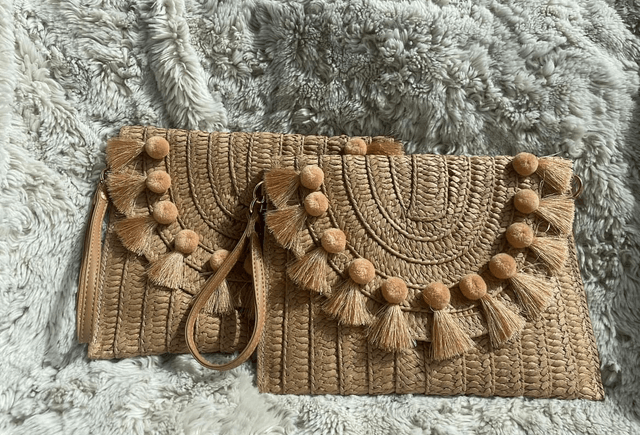 Straw Pom Pom Clutch Bag