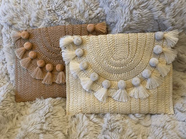 Straw Pom Pom Clutch Bag